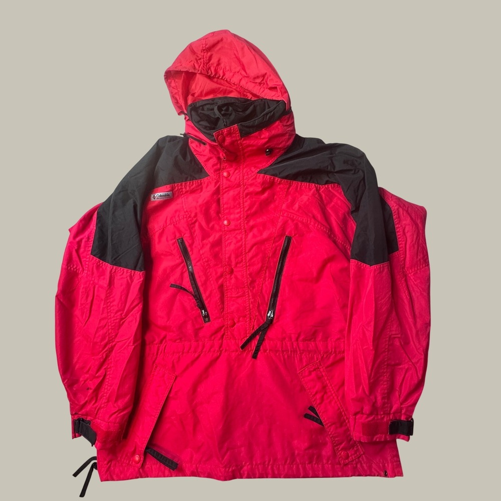Vintage Columbia Anorak Jacket Womens XL Red Black Hooded Colorblock Pullover